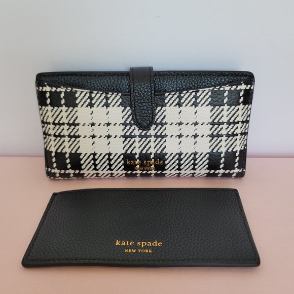 KATE SPADE Hudson Posh Plaid Embossed Pebbled Leather Bifold Wallet-Black MultI⭐ - Picture 6 of 16